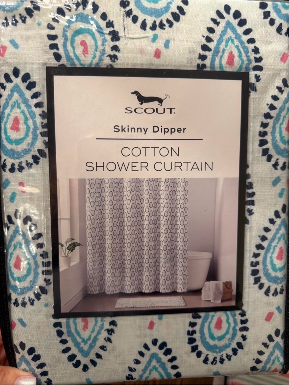 SCOUT Skinny Dipper Cotton Shower Curtain - White with Blue, Teal & Pink Motif